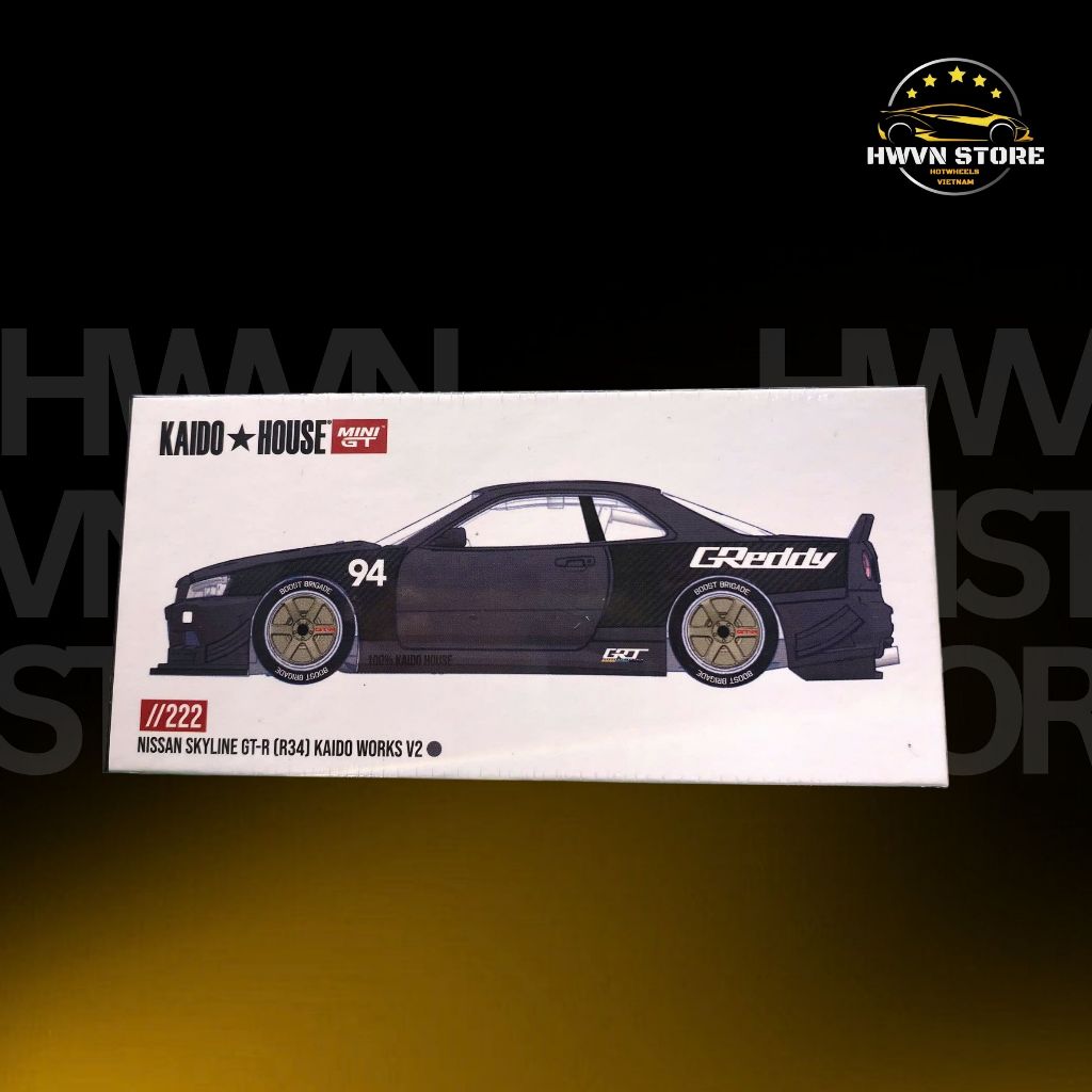Xe mô hình Kaido House KHMG222 Nissan Skyline GT-R (R34) Kaido Works Greddy V2 màu xám đen
