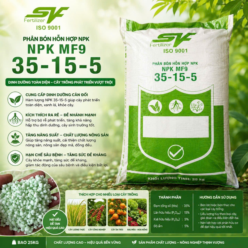 Phân Bón NPK 35-15-5 MF9 - Kích Rễ Mạnh, Xanh Lá, Đâm Chồi, Bón Thúc Cây Trồng 25kg