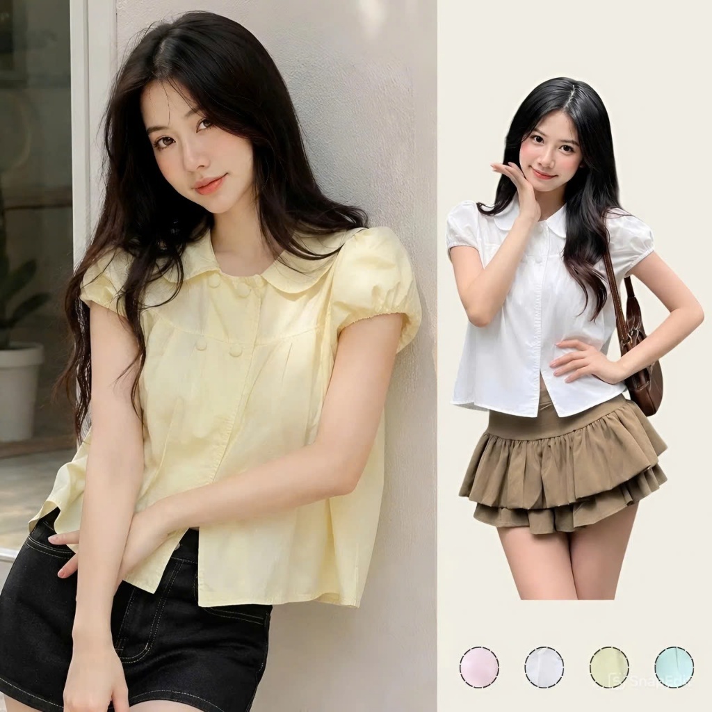 Áo babydoll 4 cúc tay bồng cổ sen, Áo kiểu nữ babydoll tiểu thư sang chảnh - Lyrics - A269
