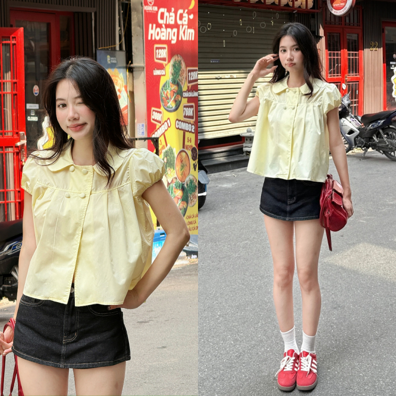 Áo babydoll 4 cúc tay bồng cổ sen, Áo kiểu nữ babydoll dành cho mùa hè - N89_Store - A269