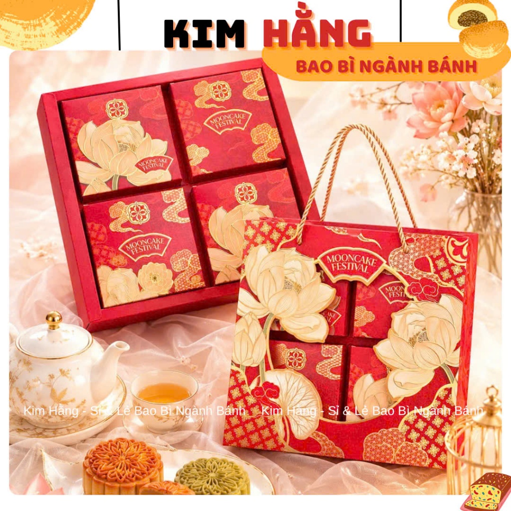 10 Hộp trung thu 4 bánh SEN ĐỎ  - Hộp đựng 4 bánh trung thu 150gr - 250gr - MẪU MỚI 2026