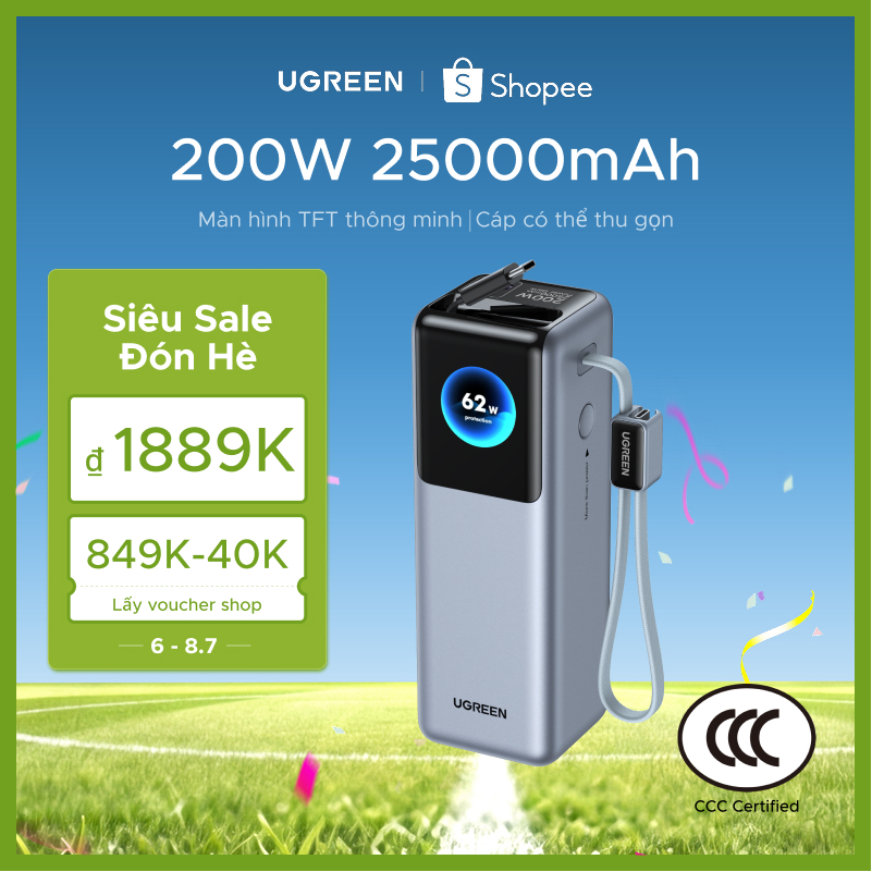 【Được chứng nhận CCC】Sạc dự phòng UGREEN 25.000mAh | Công suất 200W | Tích hợp 2 cáp USB-C có thể rút gọn | Có màn hình