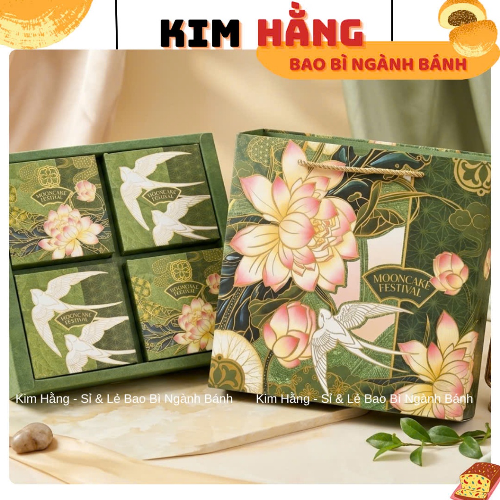 10 Hộp Trung Thu 4 Bánh SEN XANH - Hộp đựng 4 bánh trung thu 150gr - 250gr - MẪU MỚI 2026