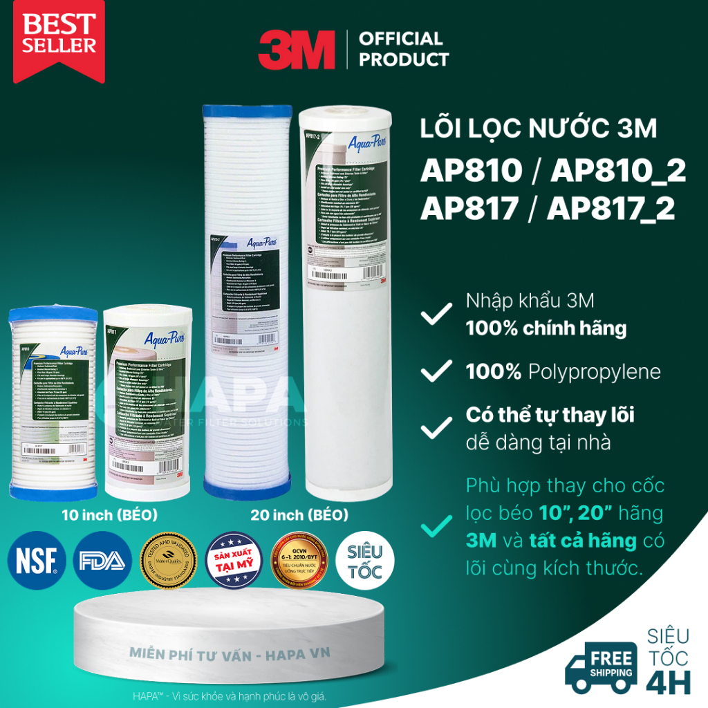Lõi Lọc 20 inch Béo 3M AP810_2 AP817_2 Chính Hãng 3M Aqua-Pure PP GAC AP810 AP817 AP801 AP802