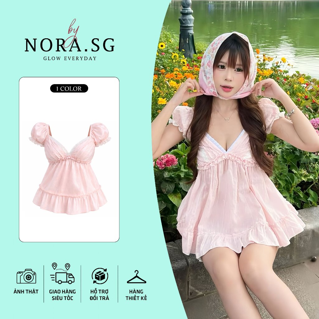 NORA WEAR – Váy Babydoll Hồng Tay Bồng Viền Ren