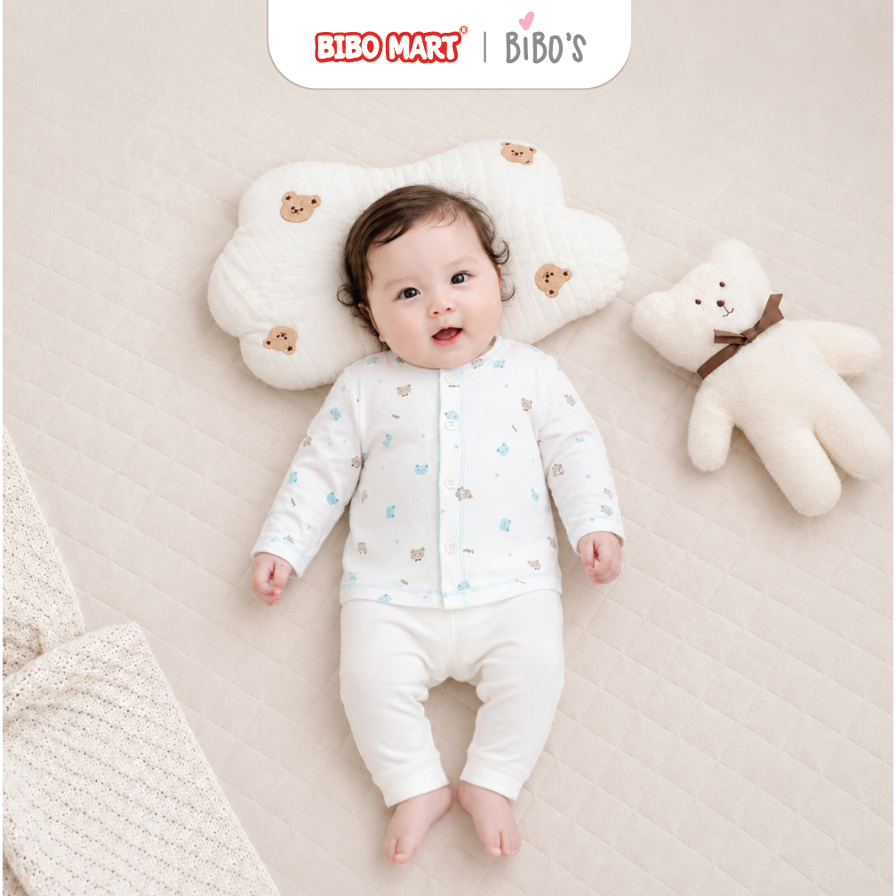 Áo Sơ Sinh Dài Tay Bibo’s In Tràn Gấu Xanh Chất Liệu Cotton Cao Cấp Thoải Mái Cho Bé - Bibo Mart