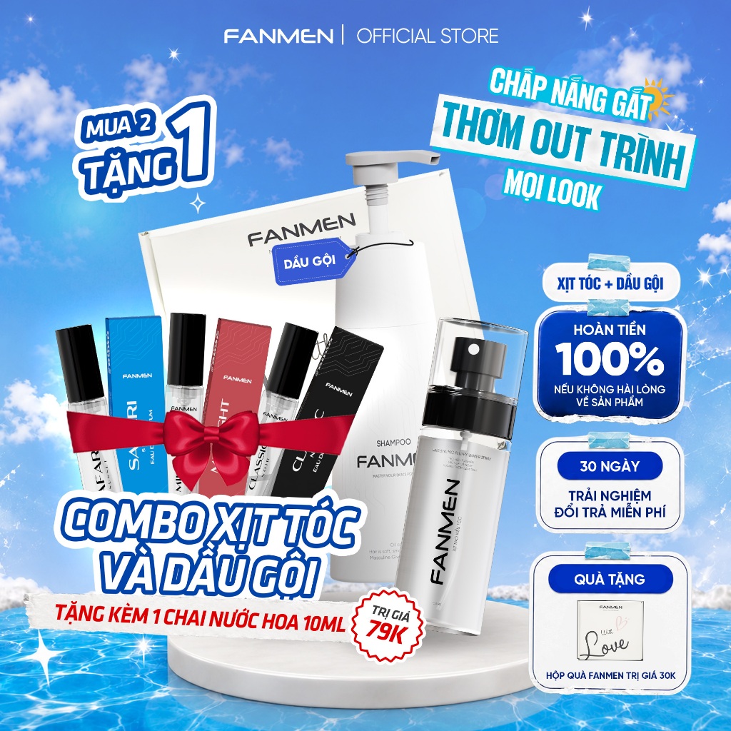 [TẶNG NƯỚC HOA] Combo Xịt tạo kiểu Fanmen giúp tóc vào nếp nhanh, giữ nếp lâu và Dầu gội nam Fanmen 