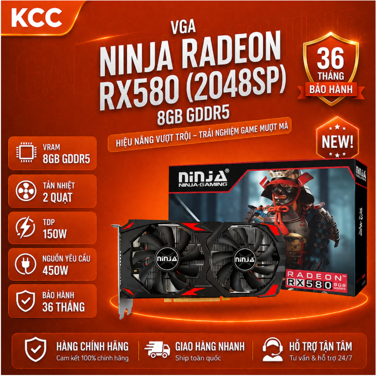 VGA NINJA RADEON RX580 8GB  GDDR5 (2048SP) - Bảo hành 3 năm