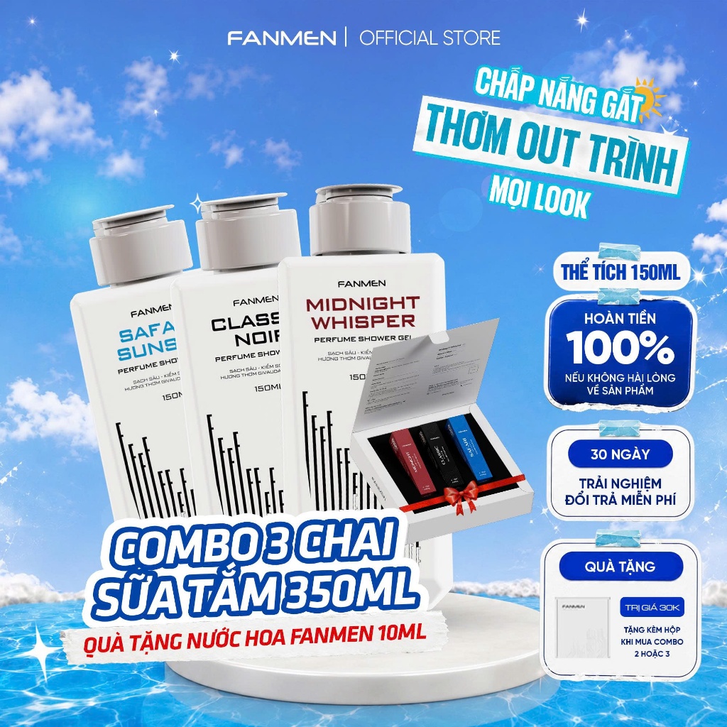Bộ 3 Sữa tắm hương nước hoa Fanmen làm sạch sâu 150ml - Tặng kèm combo 3 nước hoa nam Fanmen hương t