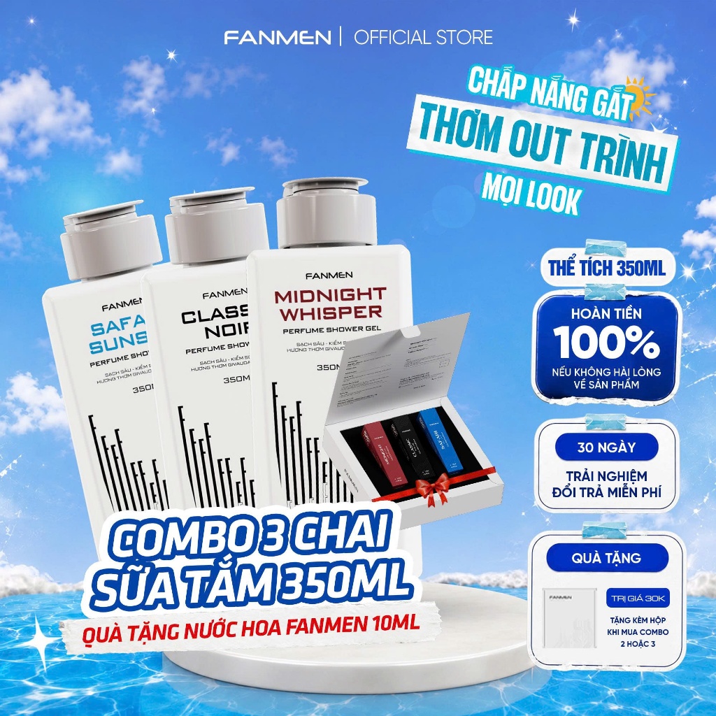 Bộ 3 Sữa tắm hương nước hoa Fanmen làm sạch sâu 350ml - Tặng kèm combo 3 nước hoa nam Fanmen hương t