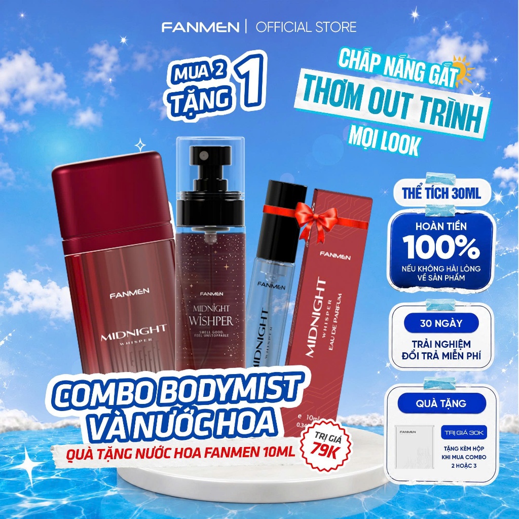 Combo Body mist nam Fanmen xịt thơm toàn thân 100ml và Nước hoa Fanmen hương thơm nam tính 30ml-Tặng