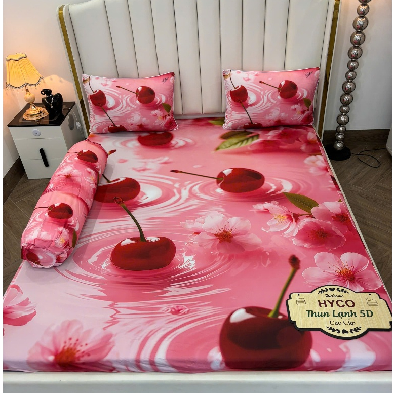 Bộ Ga Gối Thun Lạnh Hyco 5D Mẫu Cherry - Áo Ôm Khóa Kéo