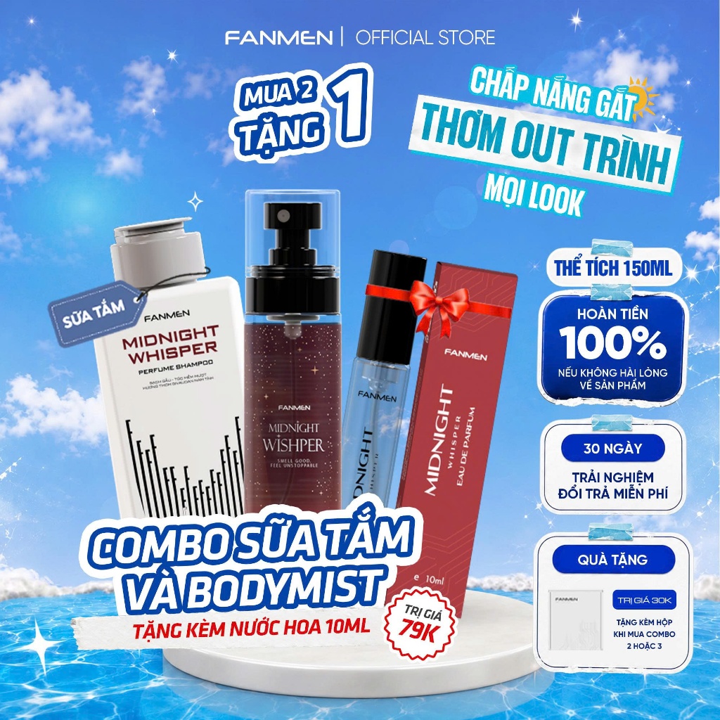 Combo Sữa tắm hương nước hoa Fanmen 150ml, Body mist Fanmen xịt thơm toàn thân hương nước hoa nam-Tặ