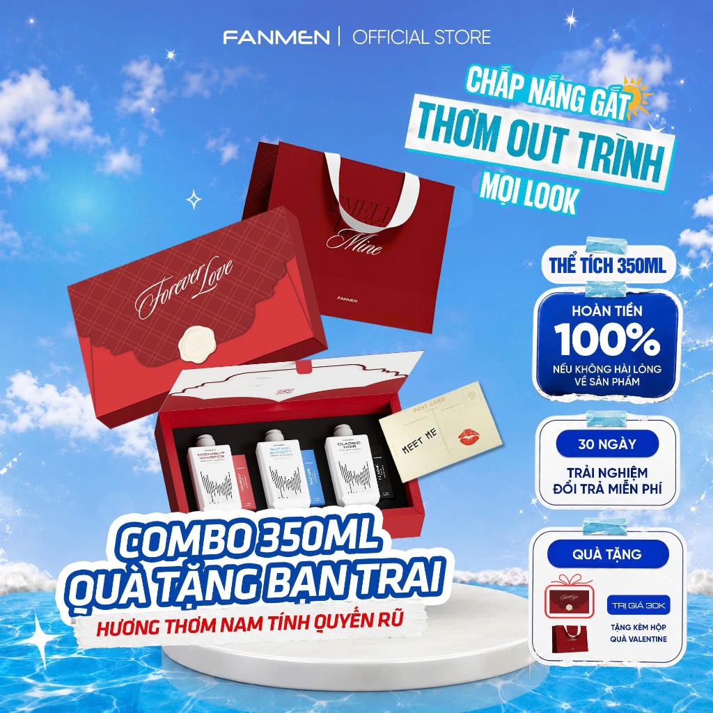 [Combo Quà Tặng Bạn Trai] Bộ 3 Sữa tắm hương nước hoa Fanmen làm sạch sâu 350ml & 3 nước hoa Fanmen 