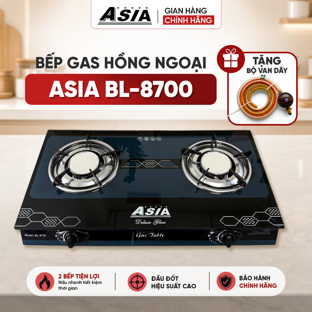 Bếp Gas đôi chính hãng ASIA BL-8700 cao cấp, kính cường lực dễ dàng vệ sinh, tặng kèm bộ van dây