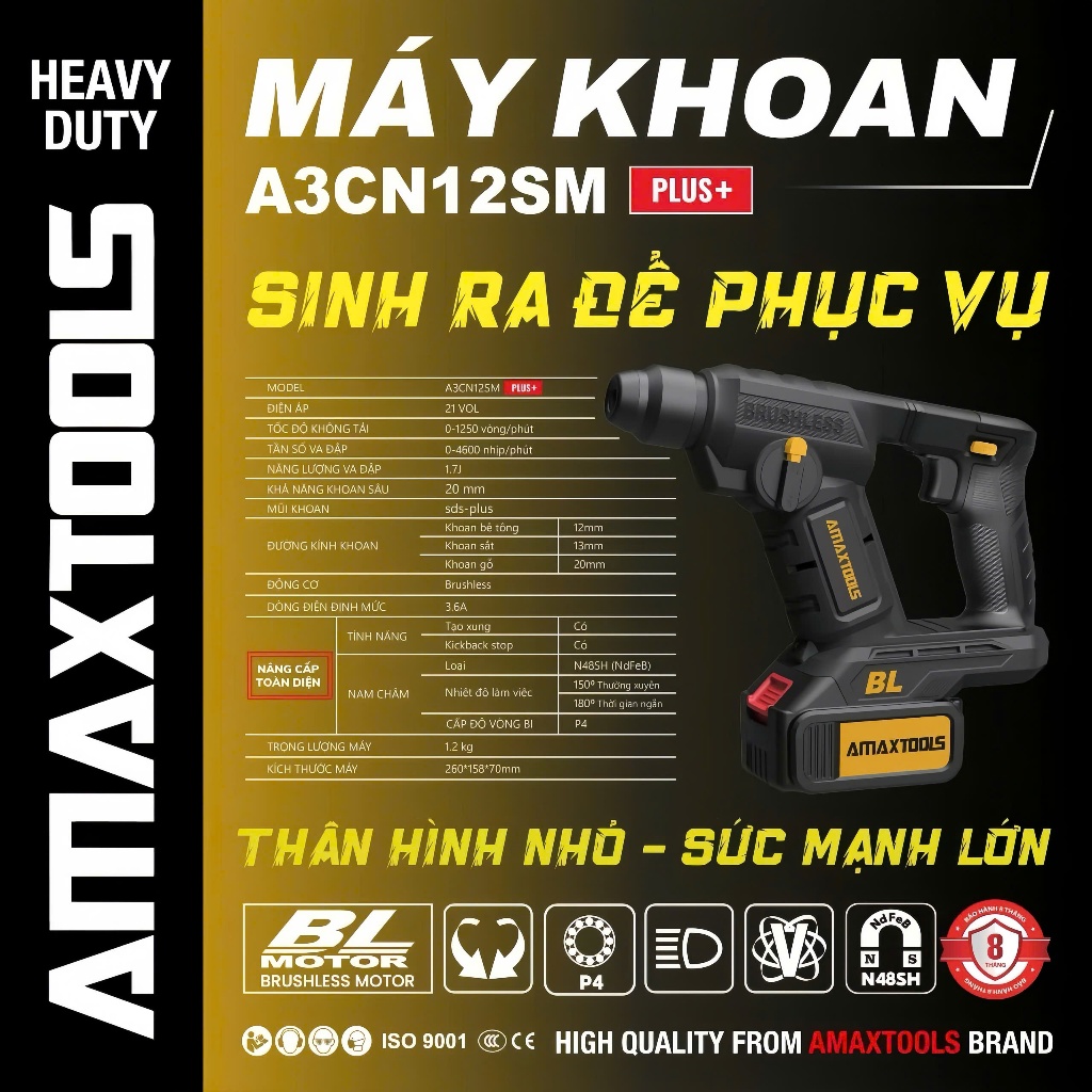 Máy Khoan Bê Tông 2 Chức Năng 21V Amaxtools A3CN12SM PLUS+