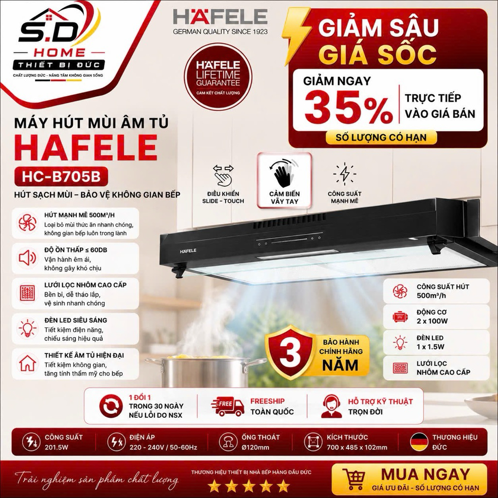 Máy Hút Mùi HC-B705B Hafele 533.87.797 | Bảng điều khiển Slide-Touch mượt mà | Khử mùi bằng than hoạ
