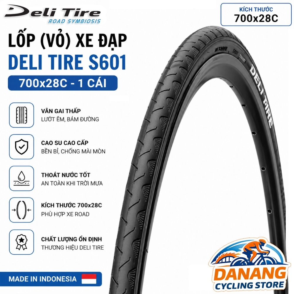 Lốp (Vỏ) Xe Đạp Deli Tire S601 700x28C – Lốp Road 700C Tanh Thép, 1 Cái