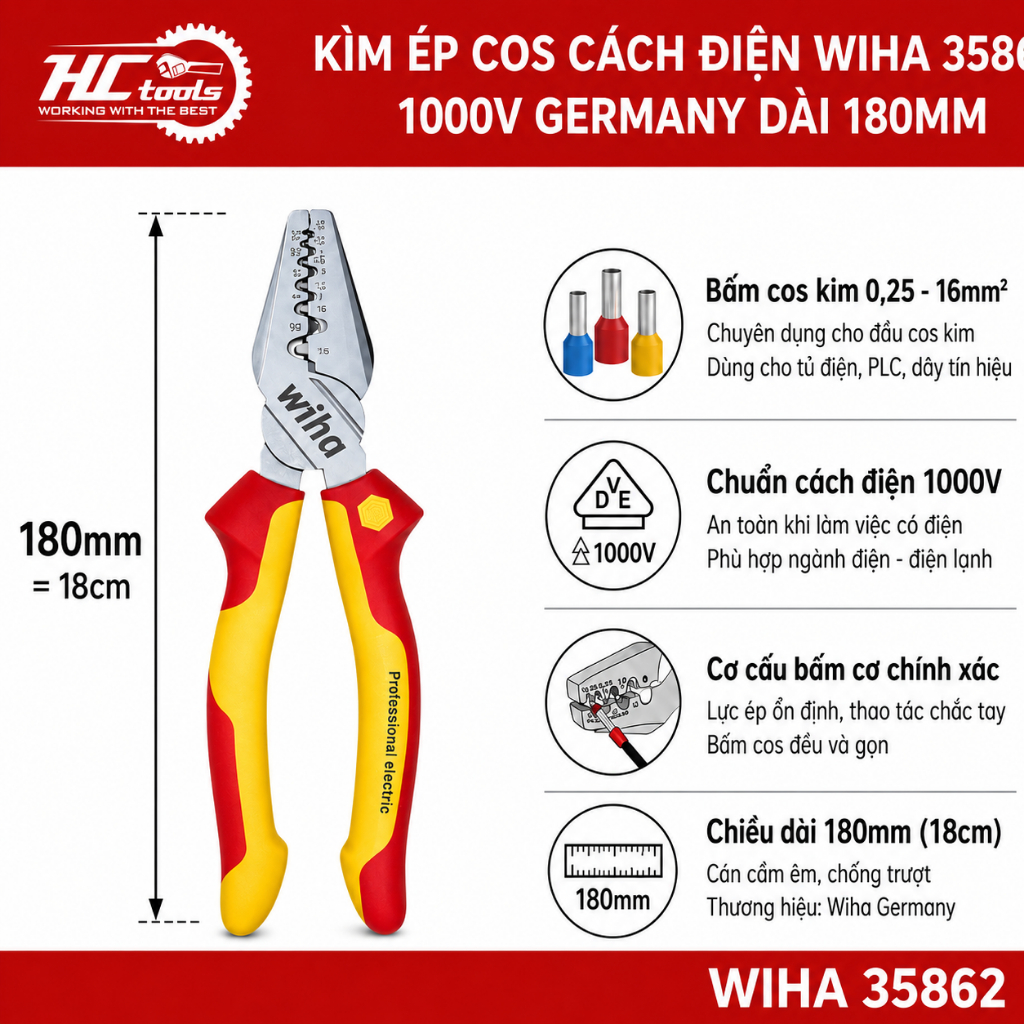 Kìm ép cos cách điện 1000V Wiha Germany 35862 I HCTools