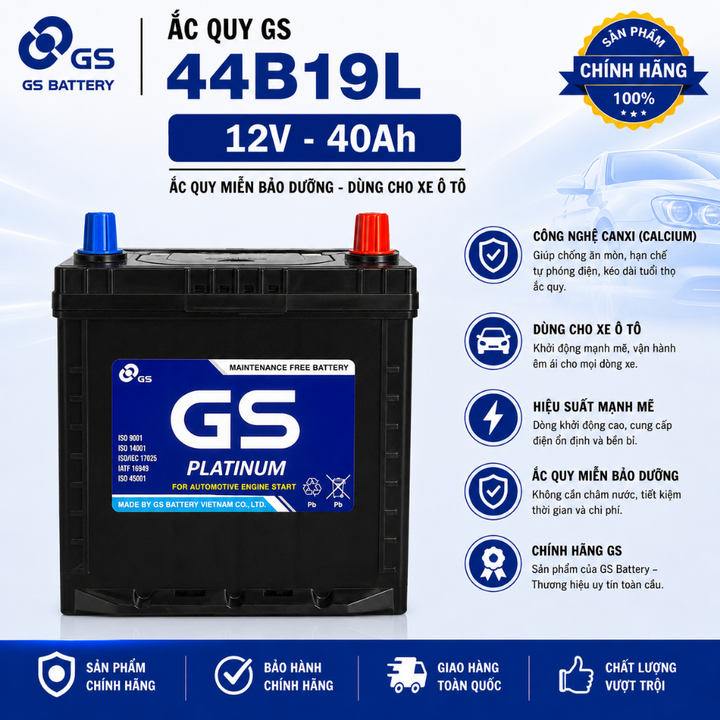 Bình ắc quy 12v miễn bảo dưỡng GS 44B19L 40ah,chuyên sài cho hyundai i10, morning