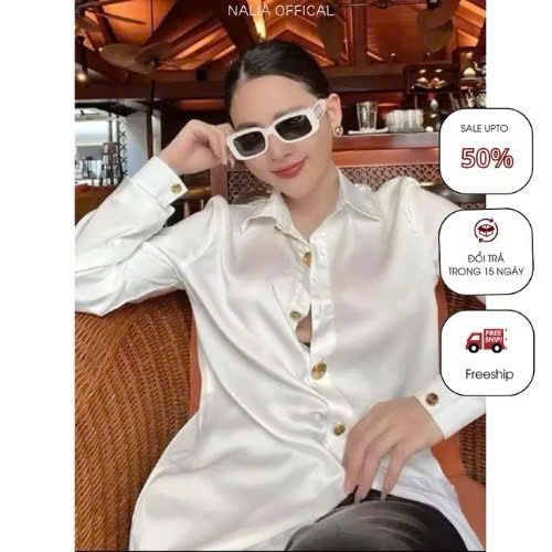 NALIA LAURA -  áo sơ mi lụa vân cao cấp phối cúc đồng