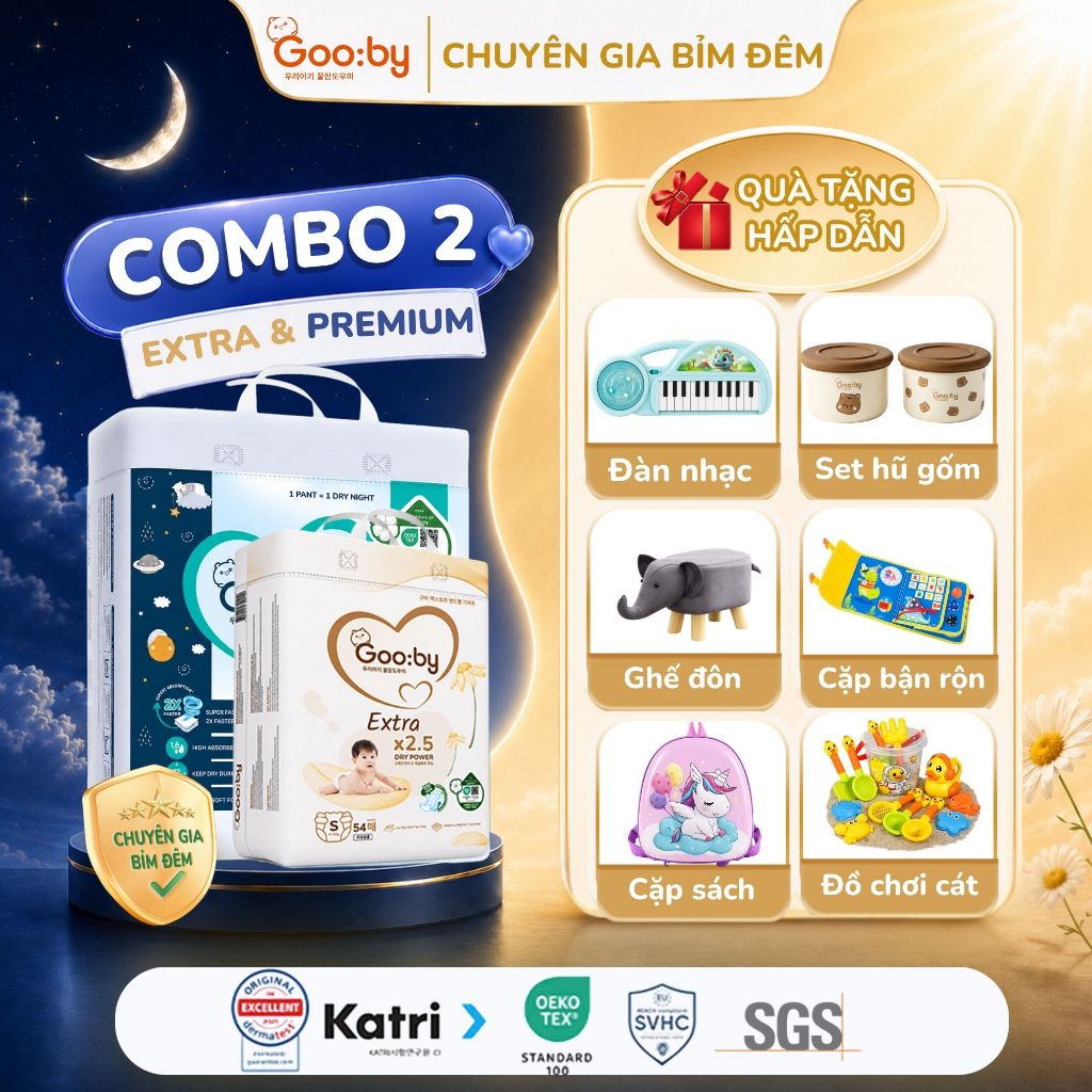 [Kèm quà] Combo 2 bịch bỉm quần (ngày và đêm) Gooby siêu mỏng, đủ size M,L,XL,XXL,XXXL