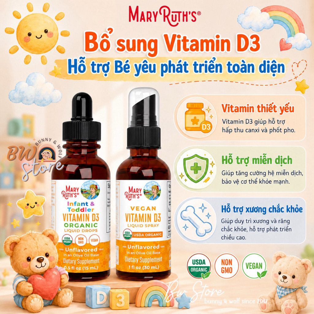 Vitamin D3 Hữu Cơ Mary Ruth's Infant & Toddler VITAMIN D3 ORGANIC Liquid Drops Hàng Mỹ [ BW Store ]