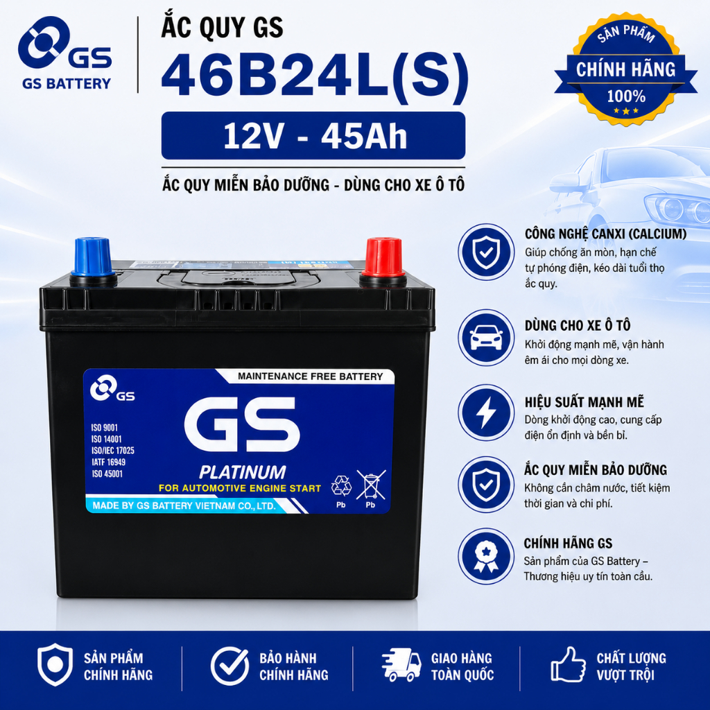 Bình ắc quy 12v miễn bảo dưỡng GS MF 46B24LS (12V, 45ah) cọc to, dùng cho vios, civic, crv đời cũ