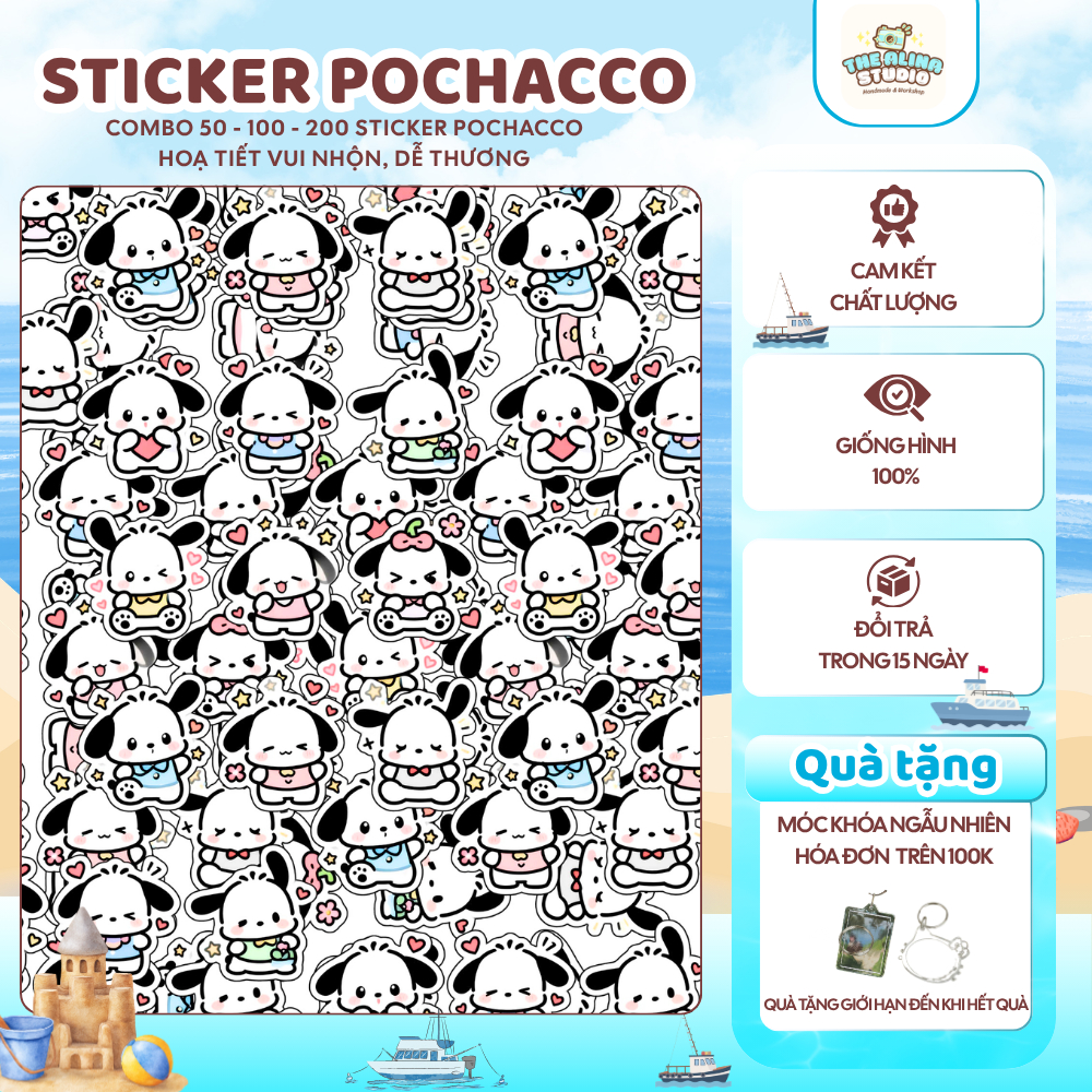 Set 50/100/200 Sticker Pochacco, Sticker Sanrio, Sticker Hello Kitty,The Alina Studio,Tặng móc khoá