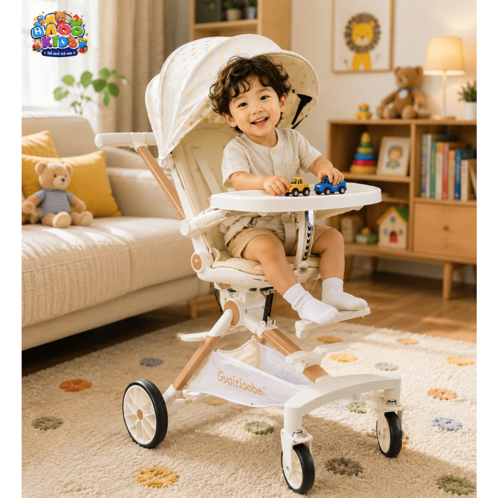 Xe đẩy cao cấp G500-1 dành cho bé từ sơ sinh, gấp gọn, đảo chiều, 3 tư thế, tặng khay bàn ăn, có lò