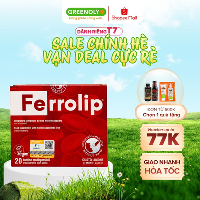 Sắt Bột Buccal Tan Ngay Trong Miệng Ferrolip Tăng Khả Năng Hấp Thu Không Gây Nóng Hộp 20 gói