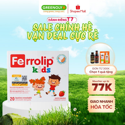 Sắt Sinh Học Ferrolip Kids Dạng Bột Hấp Thu Toàn Diện Vị Dâu Thơm Ngon Hộp 20 Gói