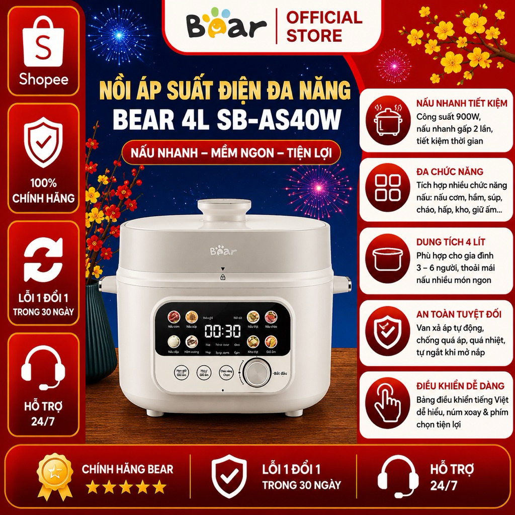 Nồi Áp Suất Điện Đa Năng Bear 4L SB-AS40W 11 Chế Độ Nấu 1300W Bảo Hành 18 Tháng