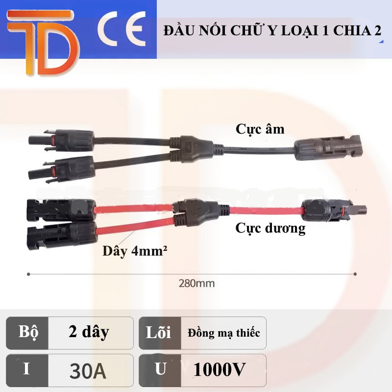 Cặp jack MC4 chữ Y - Vào 2 ra 1 cho tấm pin mặt trời daay4.0mm, 30A, 1000V