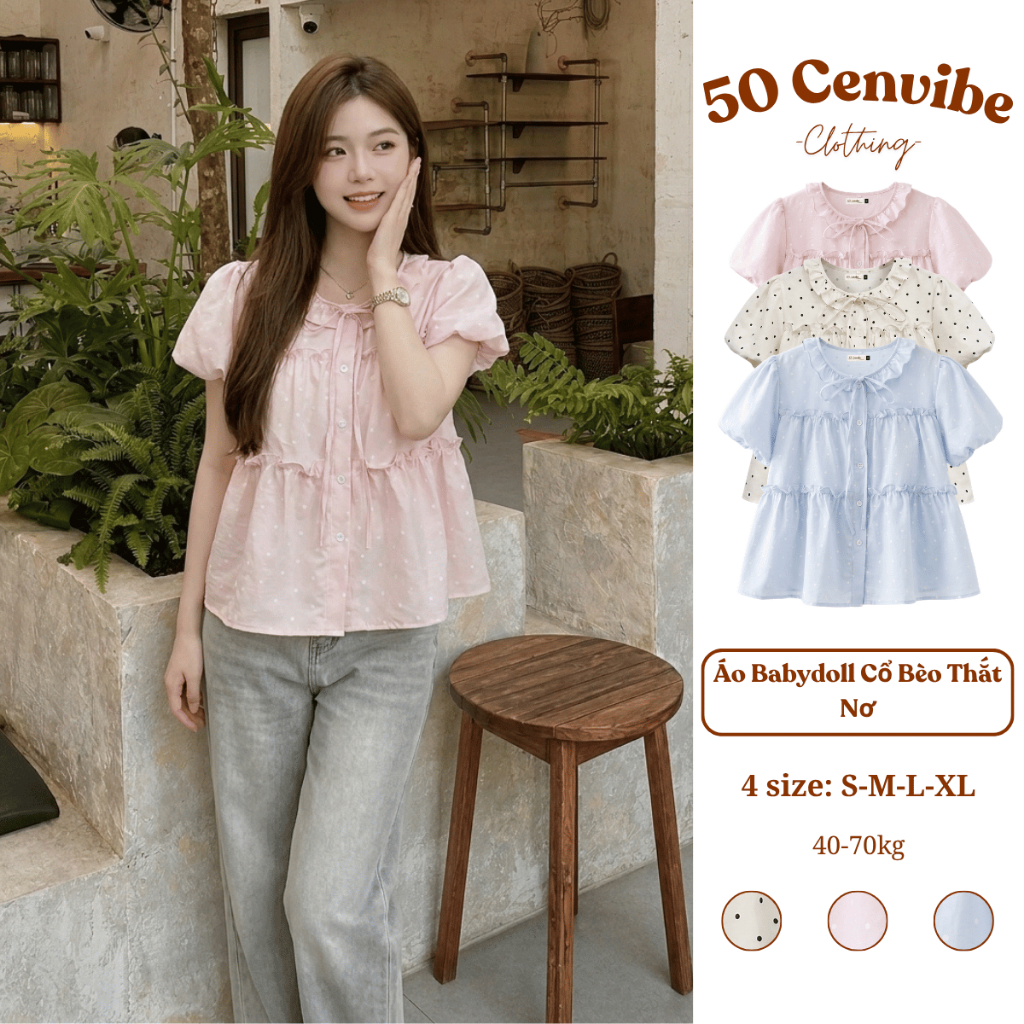 Áo Babydoll Nữ Tay Phồng Cổ Bèo Thắt Nơ Form Rộng Hàn Quốc Tiểu Thư Xinh Xắn (50 Cenvibe Clothing) #