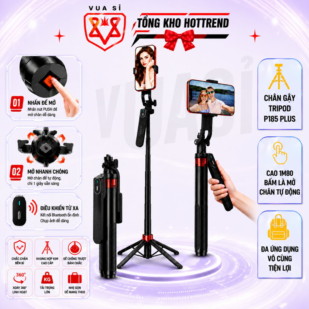Tripod Gậy Selfie VUASI P185 Plus - BẢN NÂNG CẤP CỦA P185 Mở Chân 1 Chạm Dùng Cho Điện Thoại Máy Ảnh
