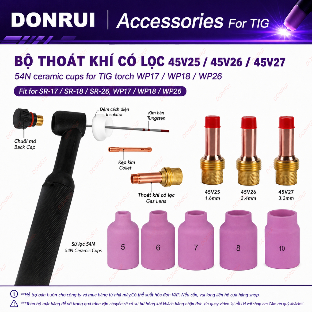 Thoát khí có lọc 45V25 26 27 và chụp sứ 54N Sứ lọc mỏ hàn tig WP26 WP17 WP18