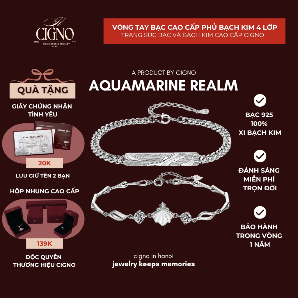 |BẠC 925| Vòng tay bạc đôi S925 cao cấp Aquamarine Realm CIGNO