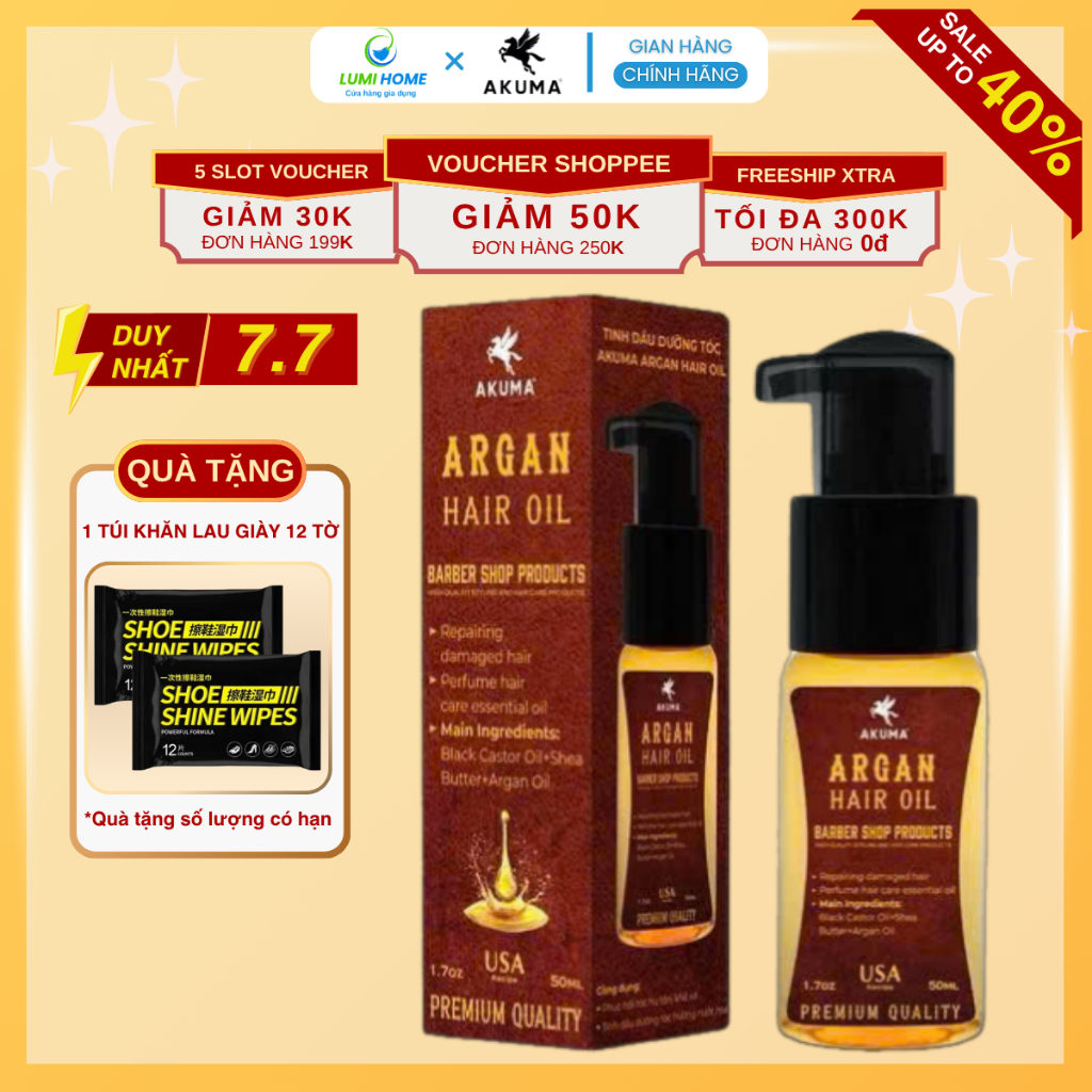 Tinh Dầu Dưỡng Tóc AKUMA Argan Hair Oil 50ml Giúp Tóc Chắc Khỏe, Bóng Mượt, Hương Nước Hoa Nam Tính