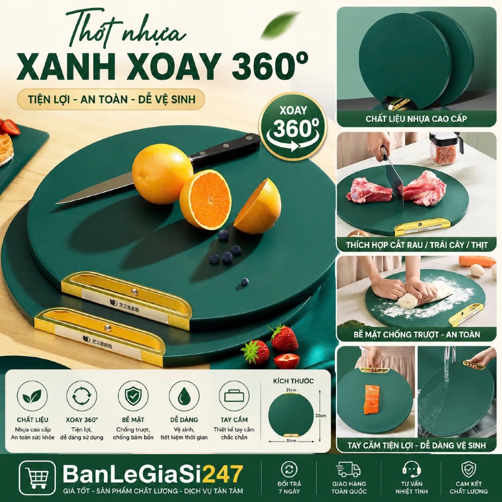 Thớt Nhựa XANH XOAY 360º Nhựa Khàng Khuẩn, Chống Ẩm Mốc - Móc Treo Xoay 360º Tiện Lợi, Tiết Kiệm Khô