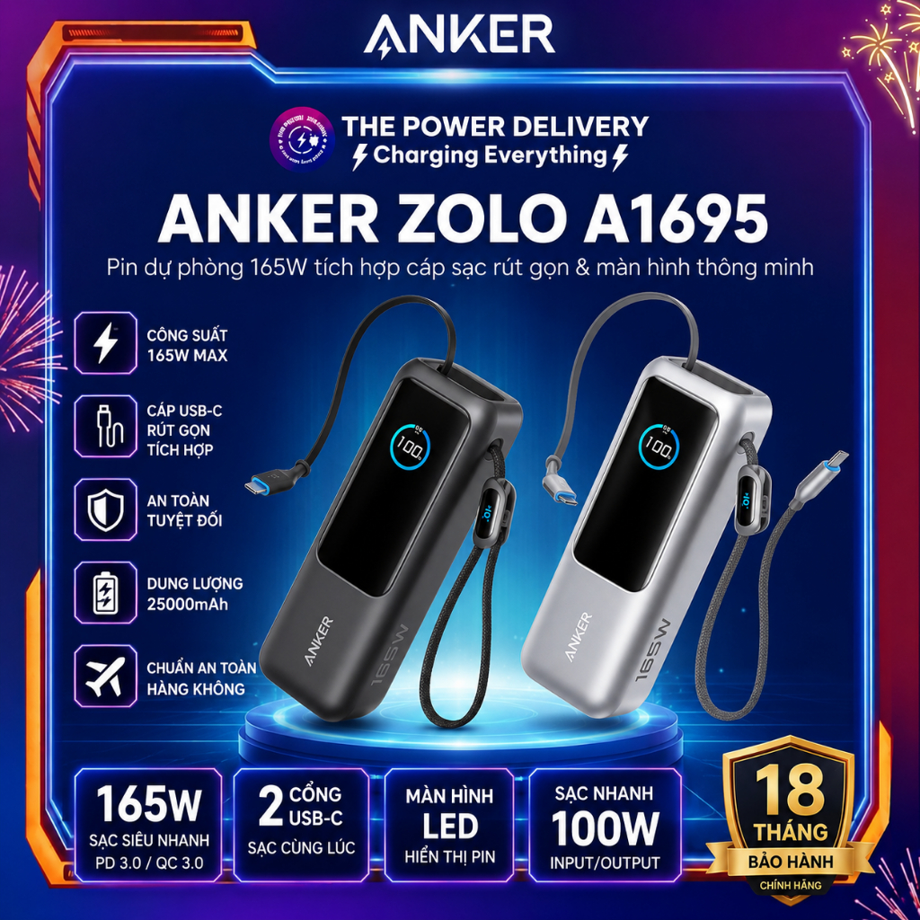 Sạc Dự Phòng Anker Zolo 25000mAh 165W A1695 | Cáp USB-C Tích Hợp Có Thể Thu Gọn, Sạc Nhanh 100W Chín