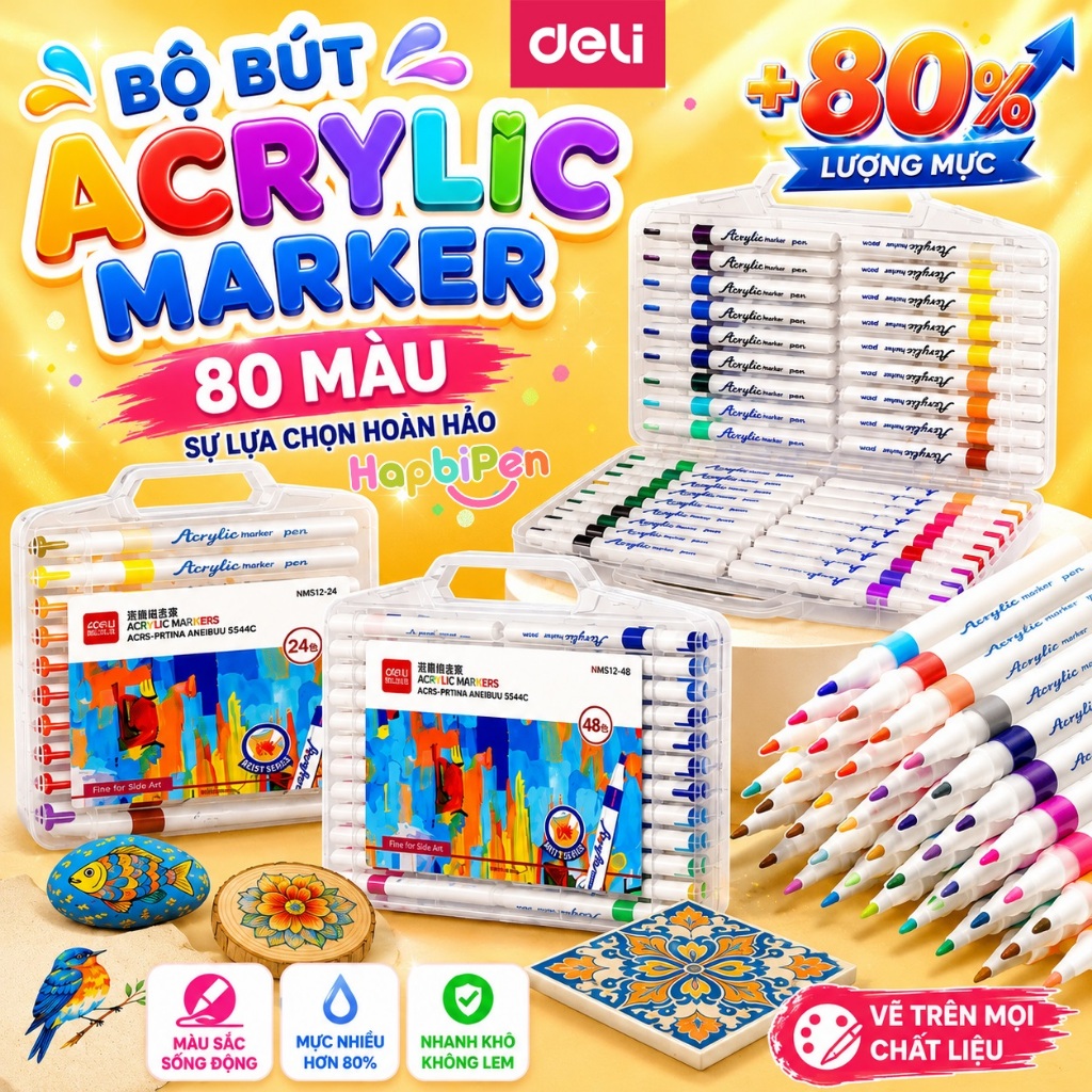 Bút Sơn Màu Acrylic Markers Deli Hộp 12/24/36/64 Box Màu Acrylic Marker Cho Bé Vẽ Trên Mọi Chất Liệu