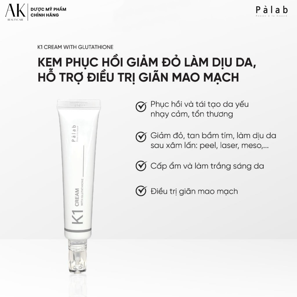 PÀLAB K1 CREAM WITH GLUTATHIONE | Kem Phục Hồi Kích Ứng, Giảm Đỏ, Làm Dịu Da Sau Xâm Lấn 12ml