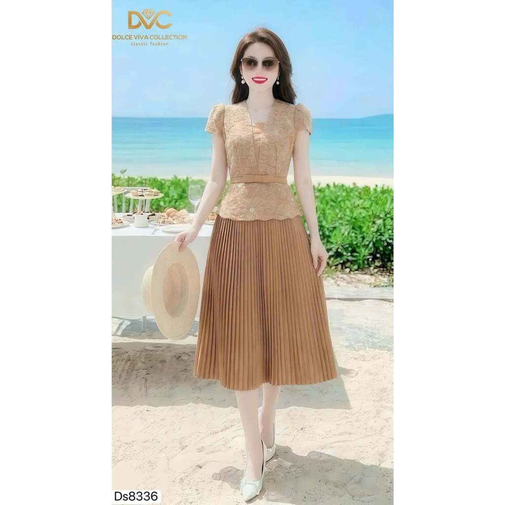 DS8336 - Váy Pelum Nâu Dáng Xòe Xếp Li, Hoa Nổi -  Dolce Viva Colection (DVC/ACC)