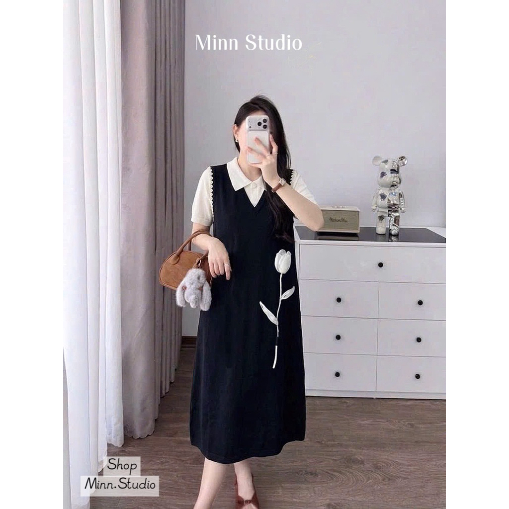 [Minn.studio] Váy Len MTG Dáng Suông Pha Tay Đính Hoa Nổi- Hàng QC