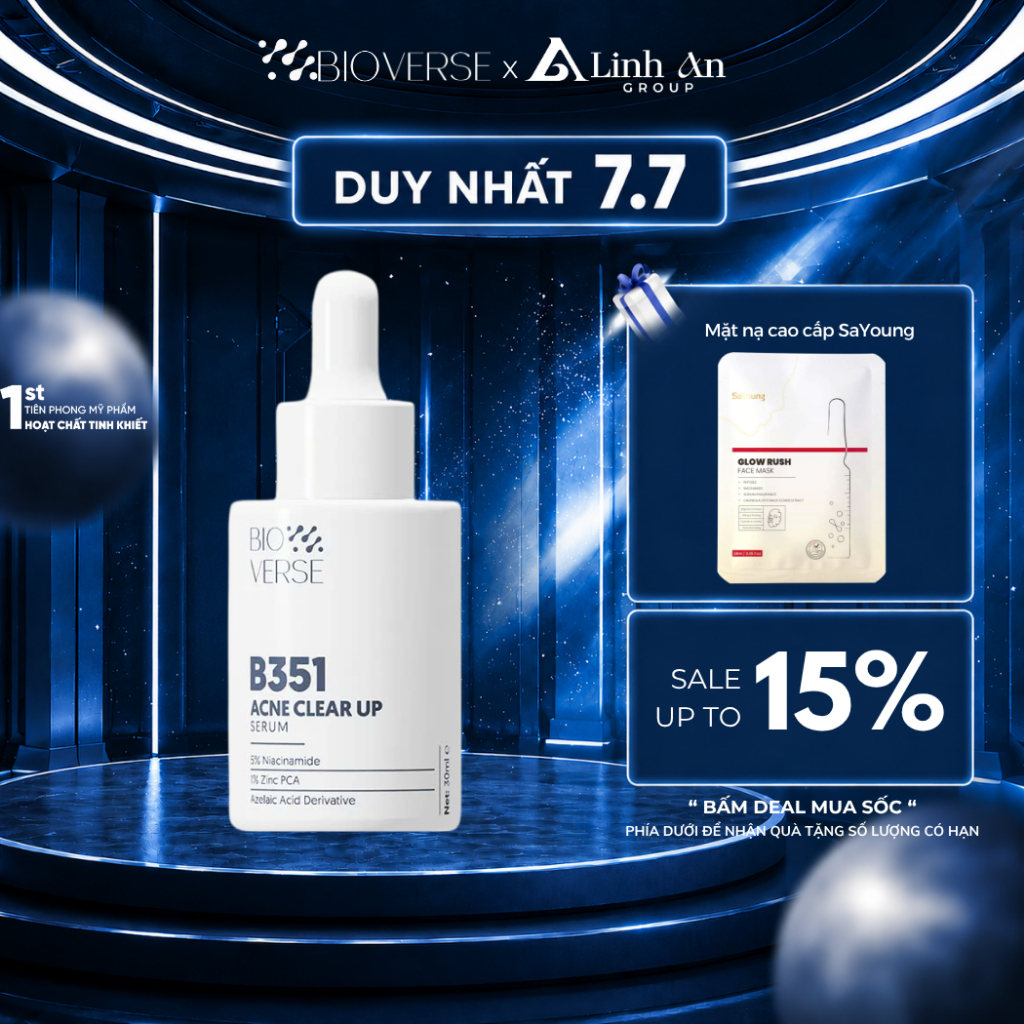 Tinh Chất Niacinamide 5% + Zinc 1% Hỗ Trợ Mụn Bioverse B351 Acne Clear Up Serum 30ml