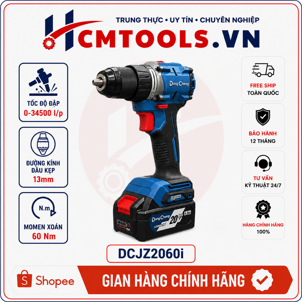 Máy Khoan Động Lực Pin DongCheng DCJZ2060i 20V 60Nm Brushless 13mm 2 caaos chỉnh lực kèm hộp nhựa  .
