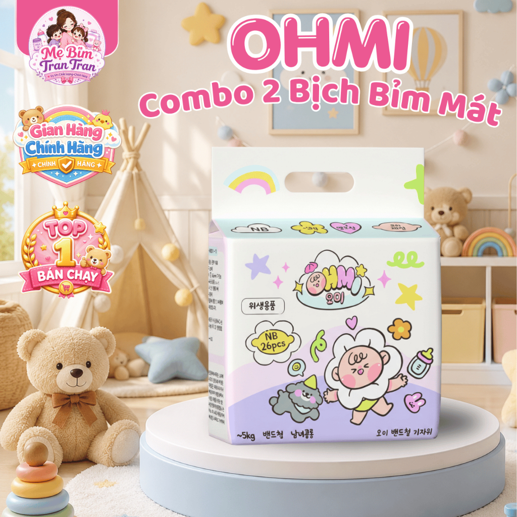 Combo 2 Bịch Bỉm Mát OHMI Hàn Quốc - Khô Thoáng, Siêu Thấm Hút - Tã Bỉm Dán/Quần Đủ Size Từ Sơ Sinh 