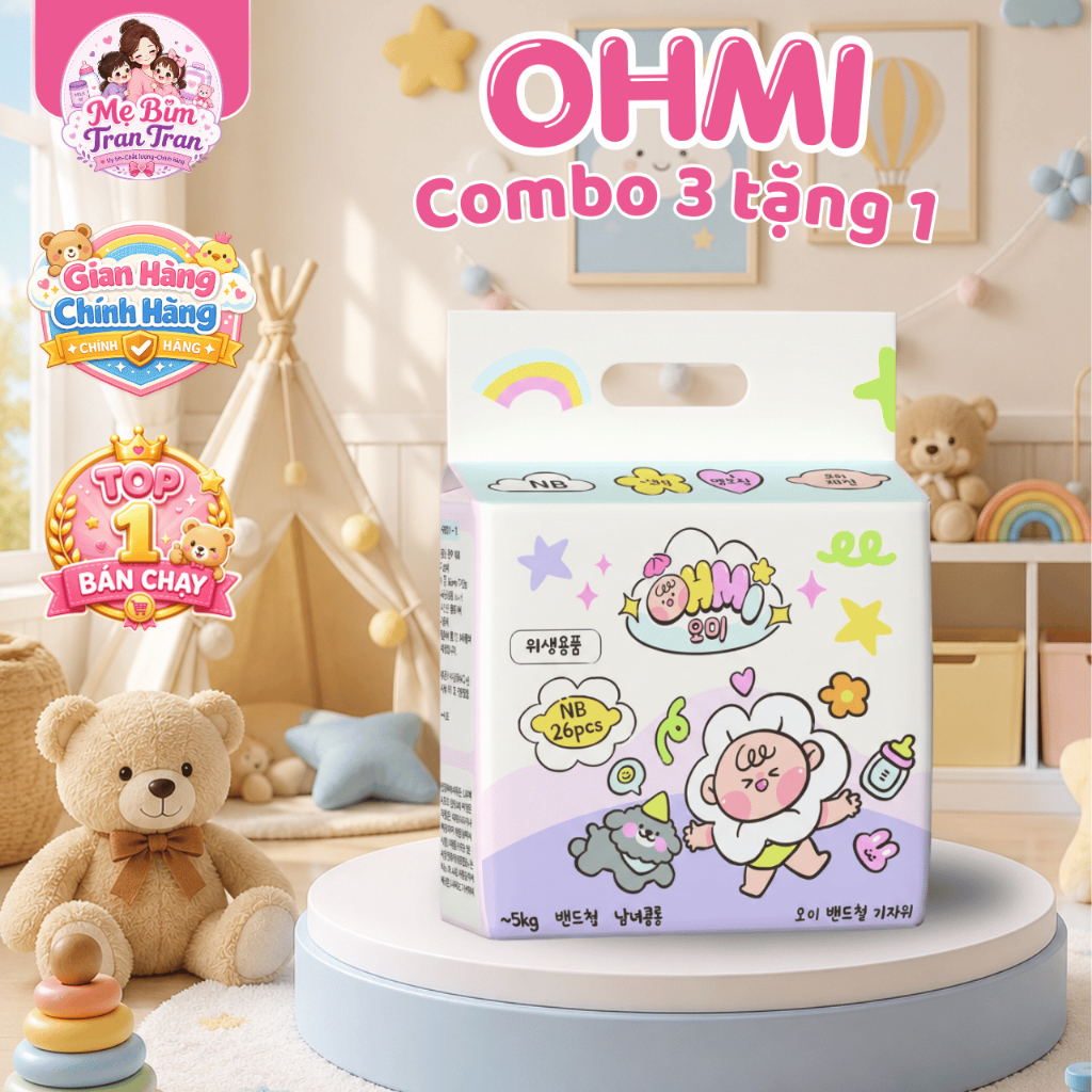 Combo 3 Tặng 1 Bịch Bỉm Mát OHMI Hàn Quốc - Khô Thoáng, Siêu Thấm Hút - Tã Bỉm Dán/Quần Đủ Size Từ S