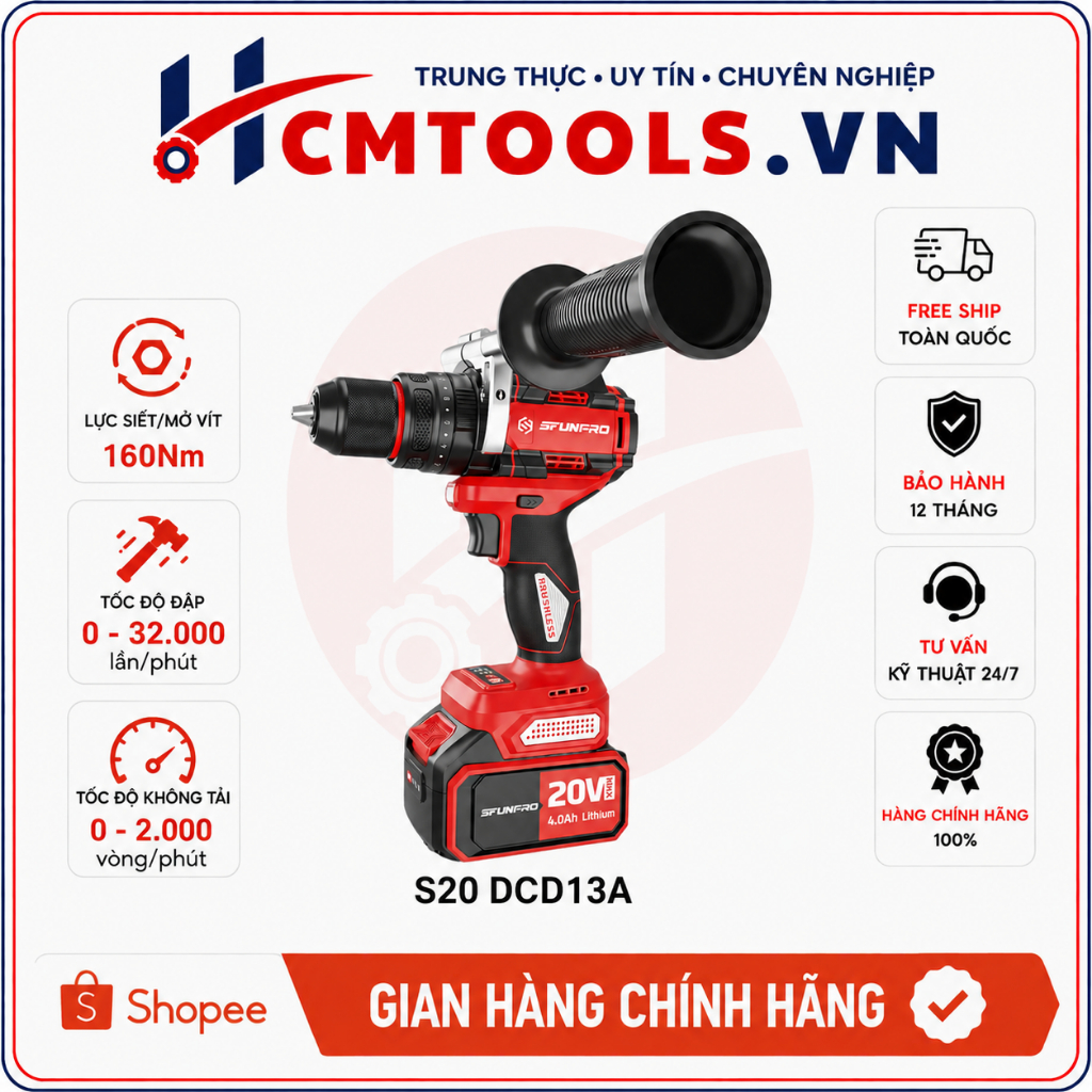 Máy Khoan Búa Pin SFUNPRO S20 DCD13A 20V 160Nm Brushless Đầu Kẹp 13mm  chống lật cổ tay nhậy cò mượt